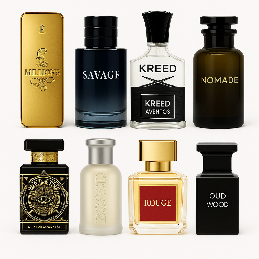 A premium lineup of custom air freshener bottles inspired by designer fragrances including Creed Aventus, Dior Sauvage, 1 Million, Rouge 540, Oud Wood, and Boss Bottled. Perfect for car detailing and brand merchandising.